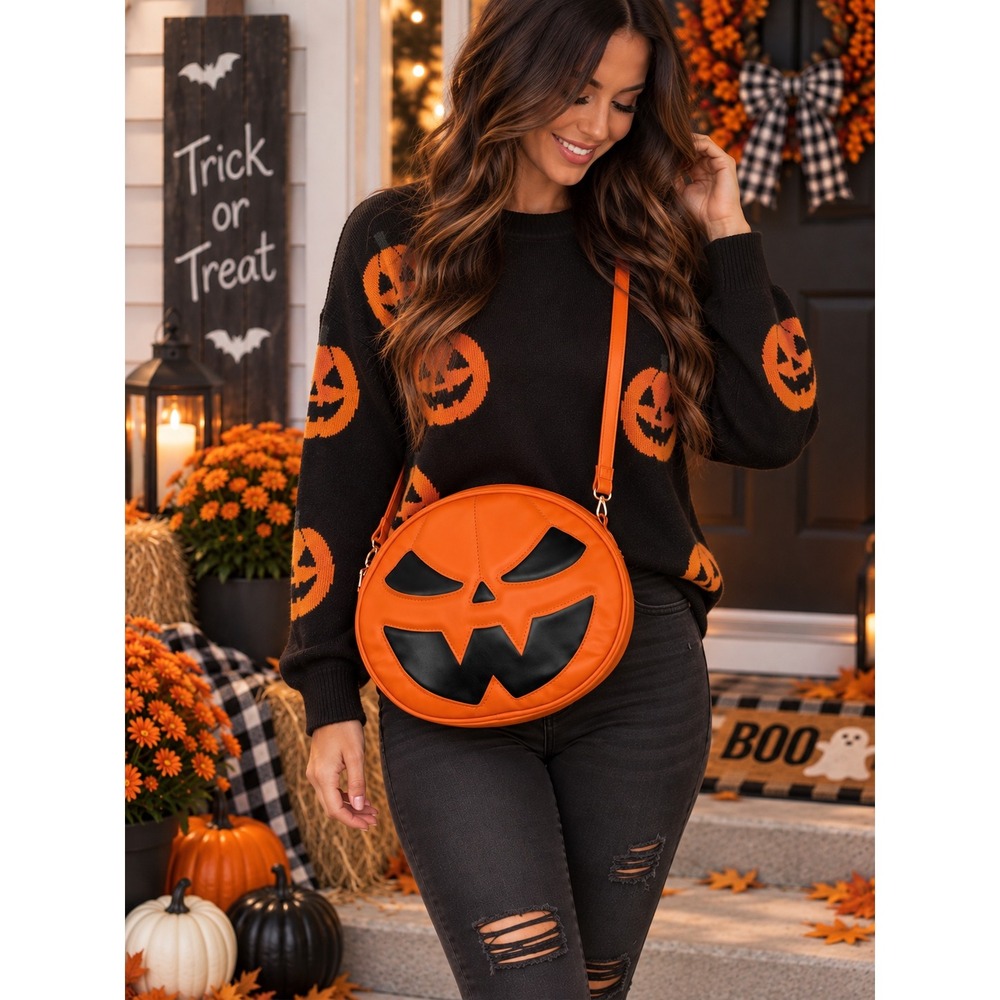 Pumpkin Crossbody Bag Women OS Orange Excellent Jack-O-Lantern Novelty